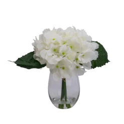 17cm White Hydrangeas Artificial Plant In Clear Glass Vase