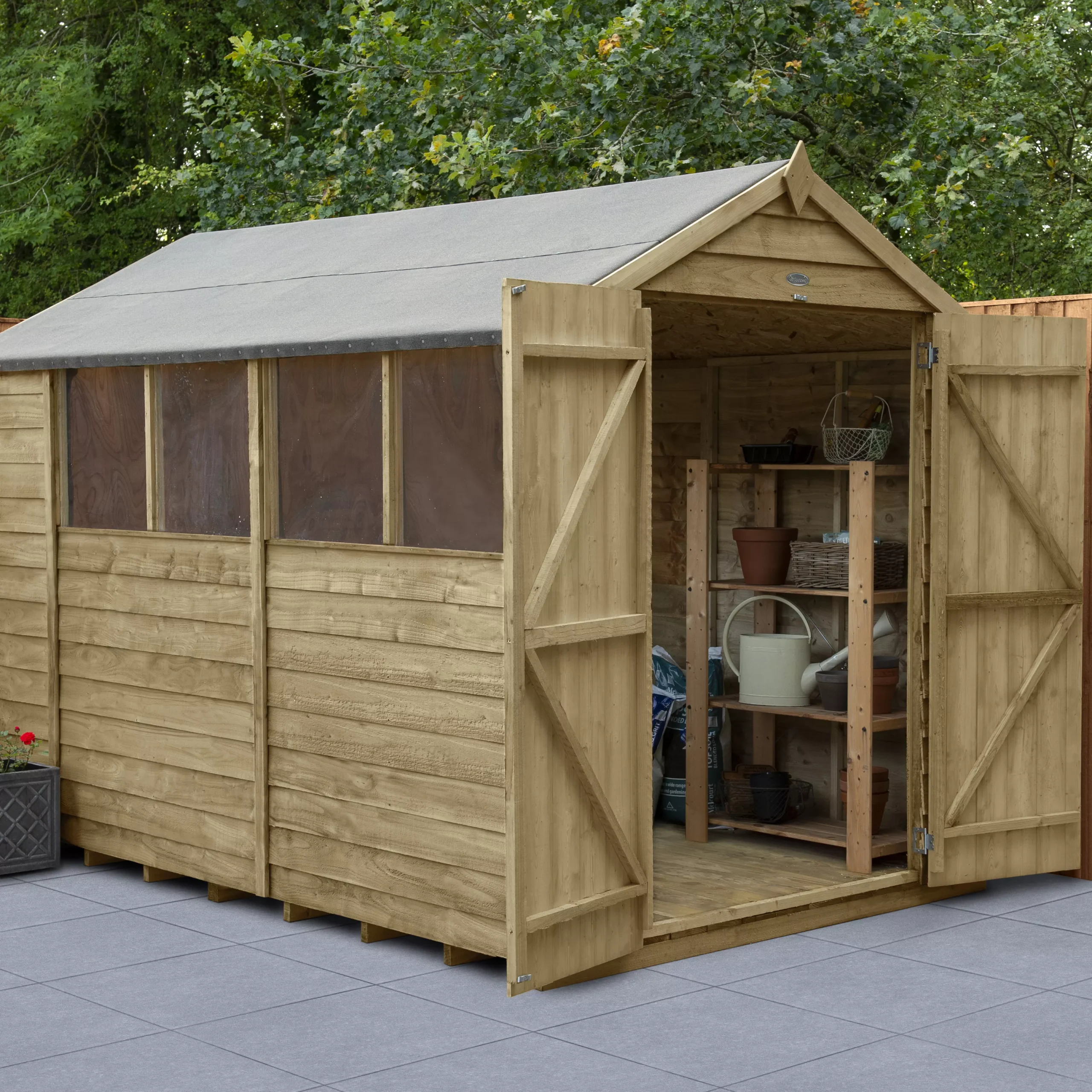 Forest Garden 10x6 Ft Apex Overlap Wooden 2 Door 4 Windows Shed With Floor - Assembly Service Included 1 Forest Garden 10x6 Ft Apex Overlap Wooden 2 Door 4 Windows Shed With Floor - Assembly Service Included