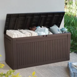 Keter Comfy Wood Effect Plastic Garden Storage Box 270L -Deals Good Garden Tool Store keter comfy wood effect plastic garden storage box 270l7290106930179 01bq