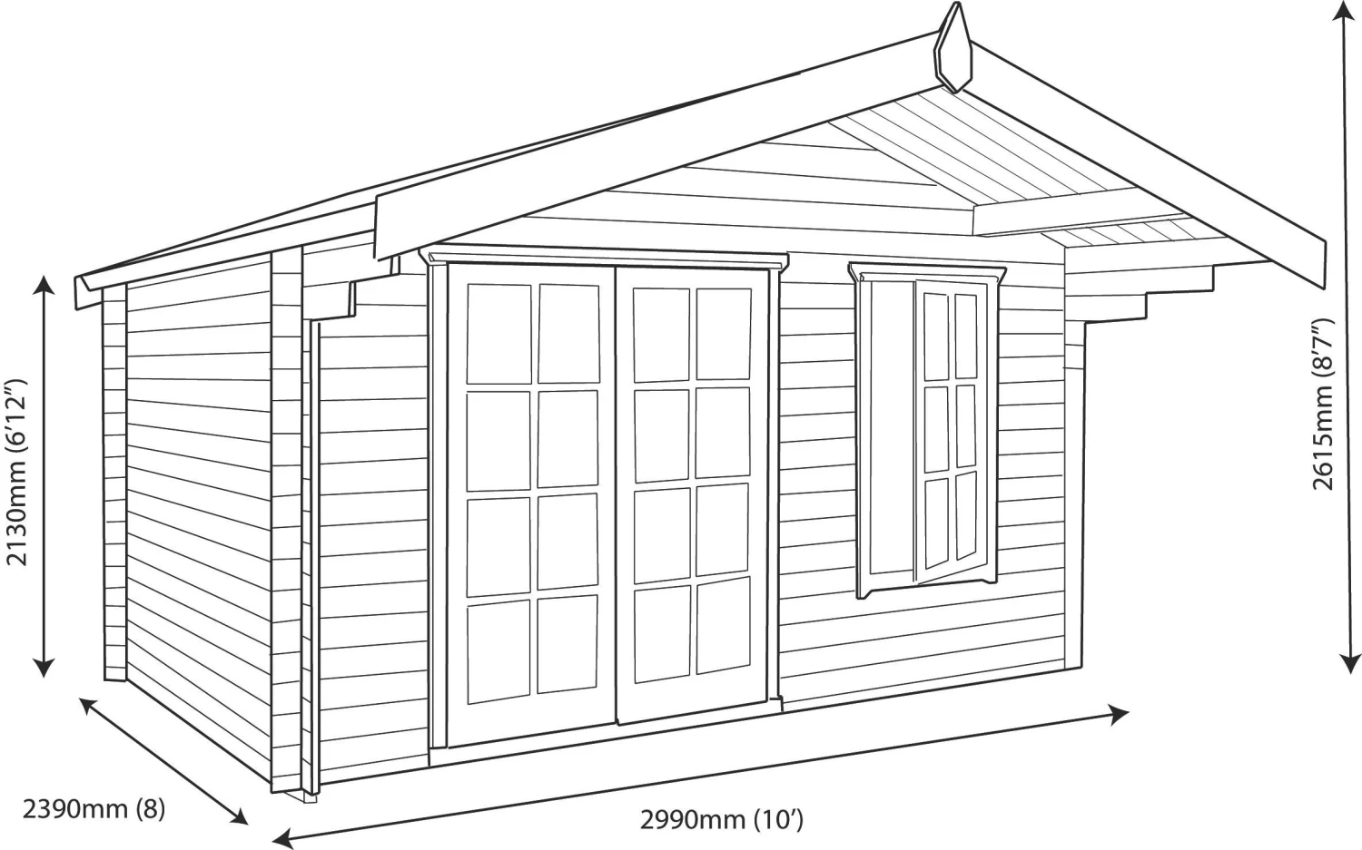Shire Cannock 10x8 Toughened Glass Apex Tongue & Groove Wooden Cabin - Base Not Included 9 Shire Cannock 10x8 Toughened Glass Apex Tongue & Groove Wooden Cabin - Base Not Included - Image 9